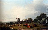 A Panoramic Summer Landscape With Cattle Grazing In A Meadow By A Windmill by Eugene Verboeckhoven